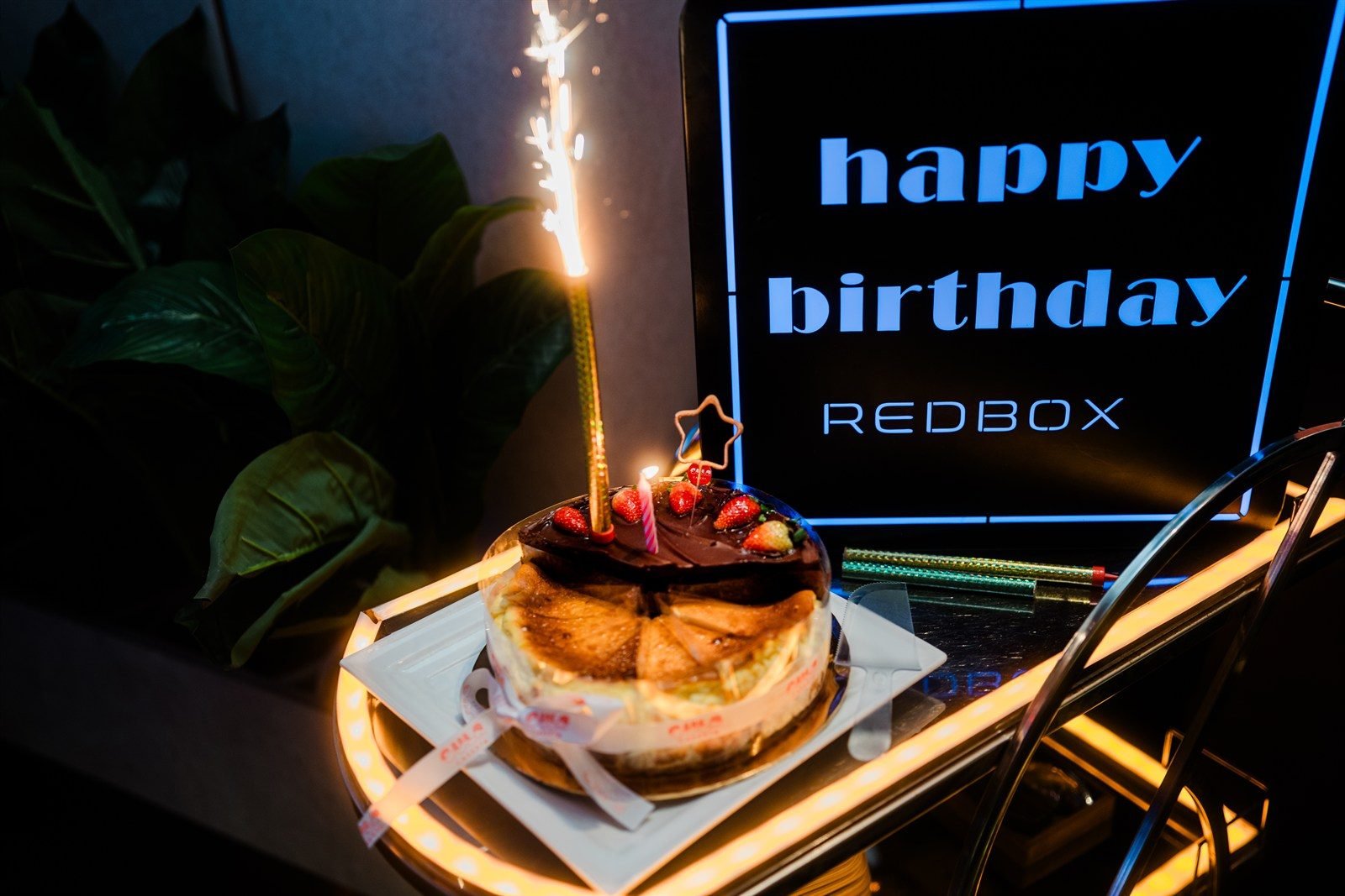 Birthday Cake with Sparklers and Red Box Neon